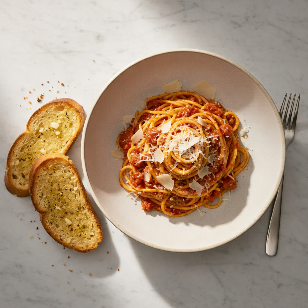 Pasta and garlic bread meal ready to scan for FODMAPs