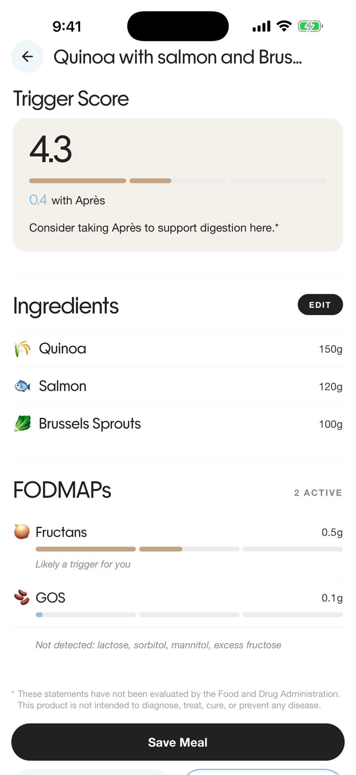 Après FODMAP Scanner results showing a Trigger Score, ingredients, fructans, and GOS